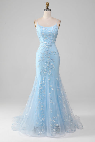 Sparkly Mermaid Beaded Light Blue Long Prom Dress With Appliques